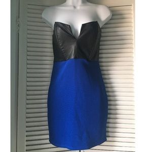 Black and Blue Leather Strapless Mini Dress